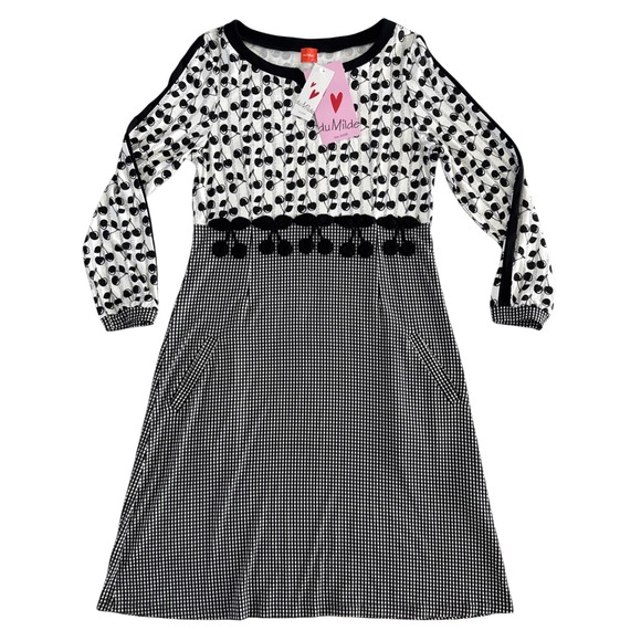 Du Milde Barbara Black Dress Size M Cherry Print Long Sleeve Pockets NWT $184 - Picture 1 of 13